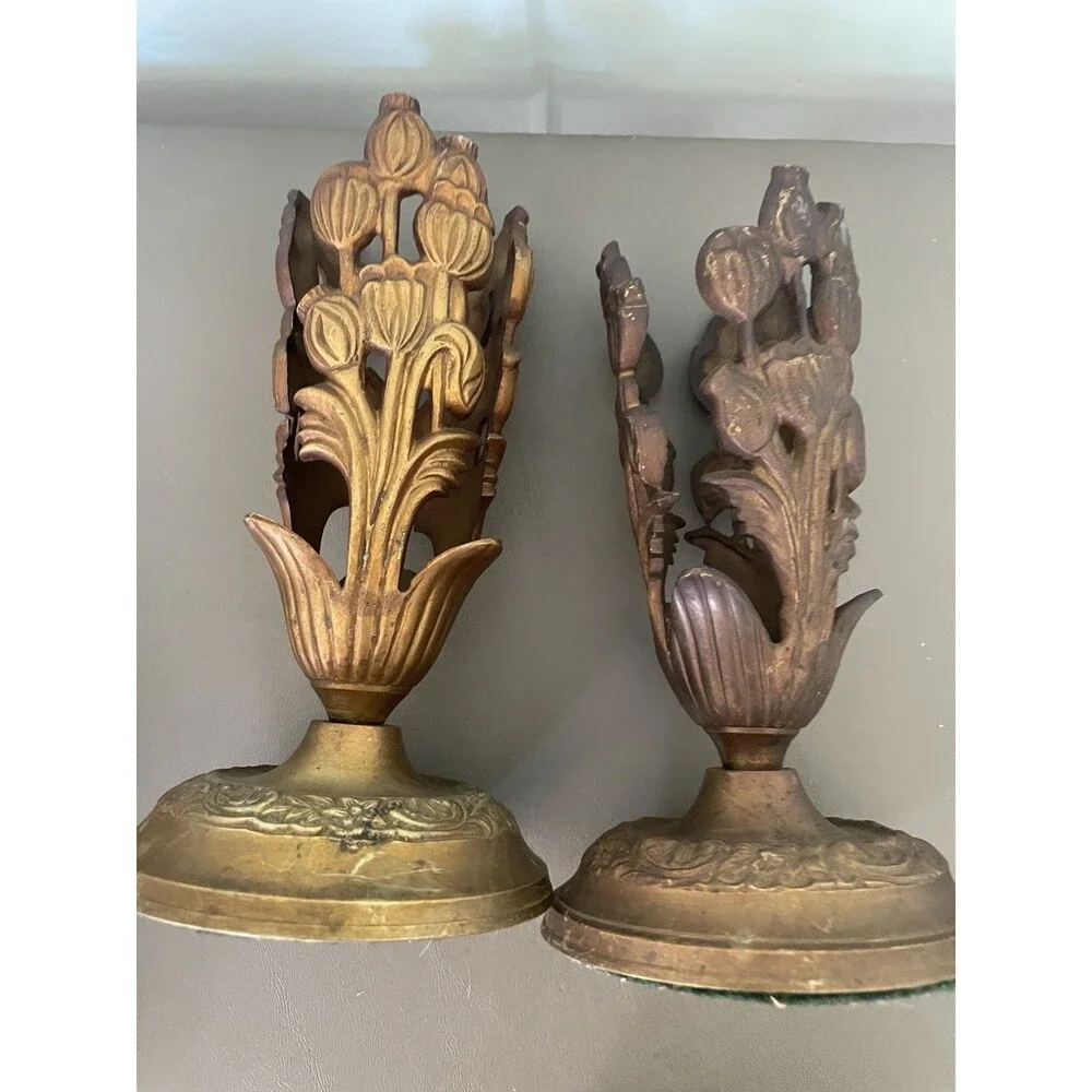 Vtg Art Nouveau Bronz Candlestick Holders Floral Motif Pair Taper Candle 7